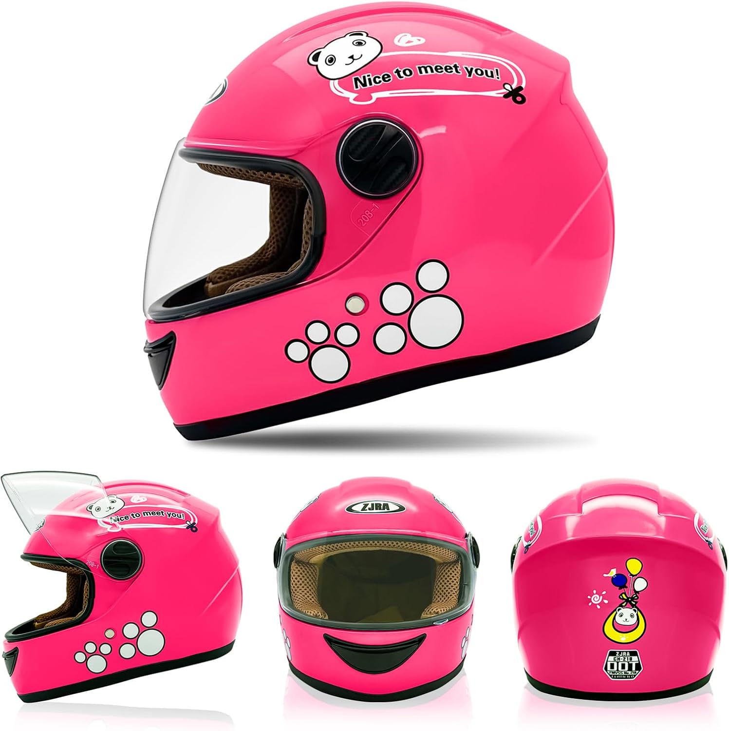 Kids Full Face Motorcycle Helmet, with Cute Panda Cartoon Design and Paw Print Graphics