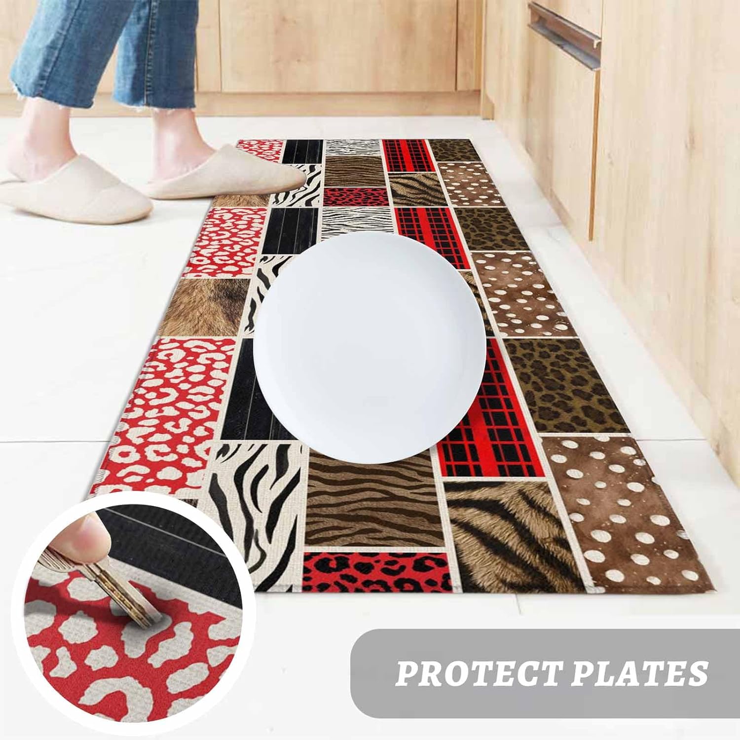 Teamery Kitchen Mats for Floor Animal Fur Print Pattern Washable Non Slip Kitchen Rugs 1PCS, Leopard Zebra Red Black Plaid Absorbent Standing Mats for Sink Bathroom Office Living Room 15.7x47.2in