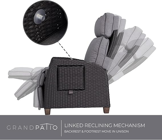 Grand patio Recliner Sunlounger Adjustable Position Backrest Armchair with Flip Table and Cushion Lounge Chair Sun Lounger for Garden, Yard, Patio, Outdoor - Dark Gray Cushion & Brown Wicker