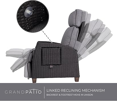 Grand patio Recliner Sunlounger Adjustable Position Backrest Armchair with Flip Table and Cushion Lounge Chair Sun Lounger for Garden, Yard, Patio, Outdoor - Dark Gray Cushion & Brown Wicker