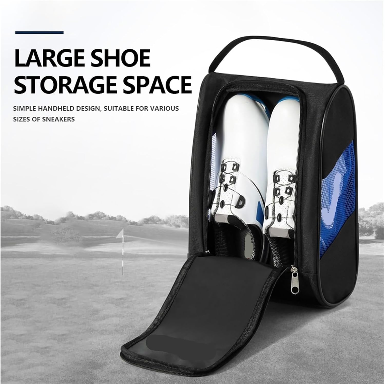 Golf Shoes Bag Unisex Golf Shoe Carrier Bags Portable Nylon Travel Shoes with Zipper Hand-Held Light Sports Accessories(Black Blue)