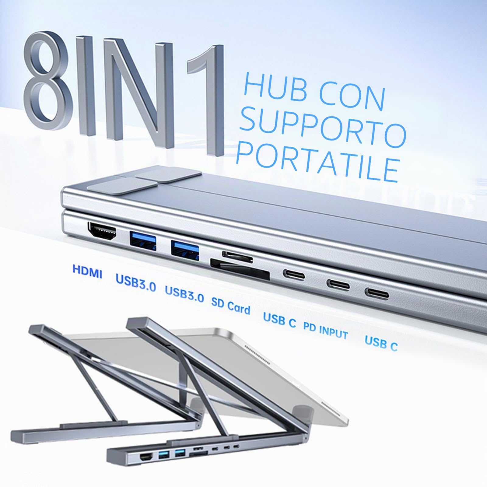 Civilized 8-in-1 USB-C Laptop Stand, USB C Laptop Docking Station, Hub 8 in 1 in alluminio con supporto regolabile per laptop, supporto pieghevole per tablet, Plug and Play per casa ufficio