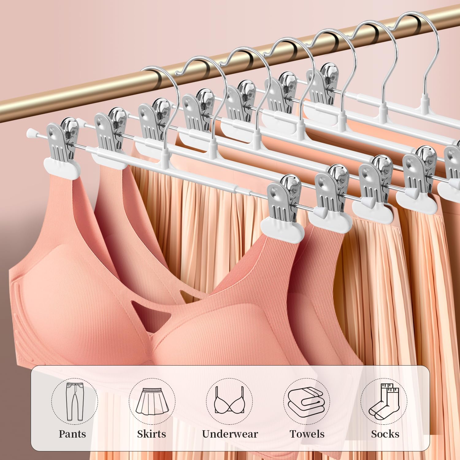 14Inch Clothes Pants Hangers with Wide Clips 50 Pack,Non-Slip Adjustable Skirt Hanger for Women,Space-Saving Heavy Duty Men Hangers for Pants,Trousers,Jeans,Shorts,White