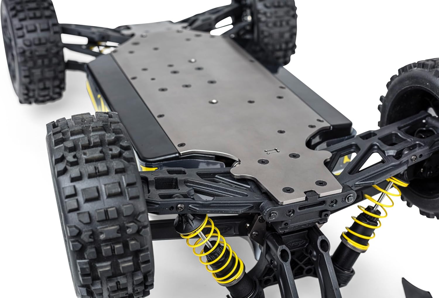 Underside view of the Carson Akuma Buggy's aluminum chassis plate and suspension
