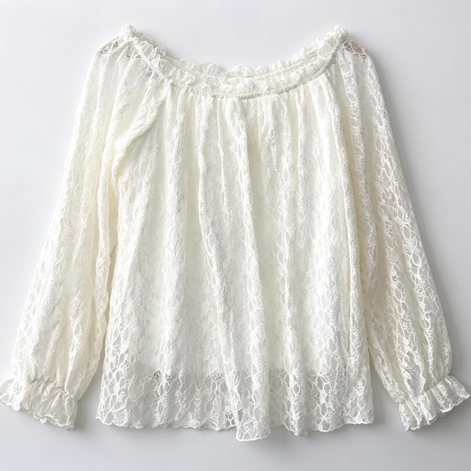 Blusa Bohemia de Encaje con Hombros Descubiertos para Mujer – Transparente, Estilo Western, con Mangas de Volantes de Crochet, Ideal para Vacaciones de Verano y conciertos
