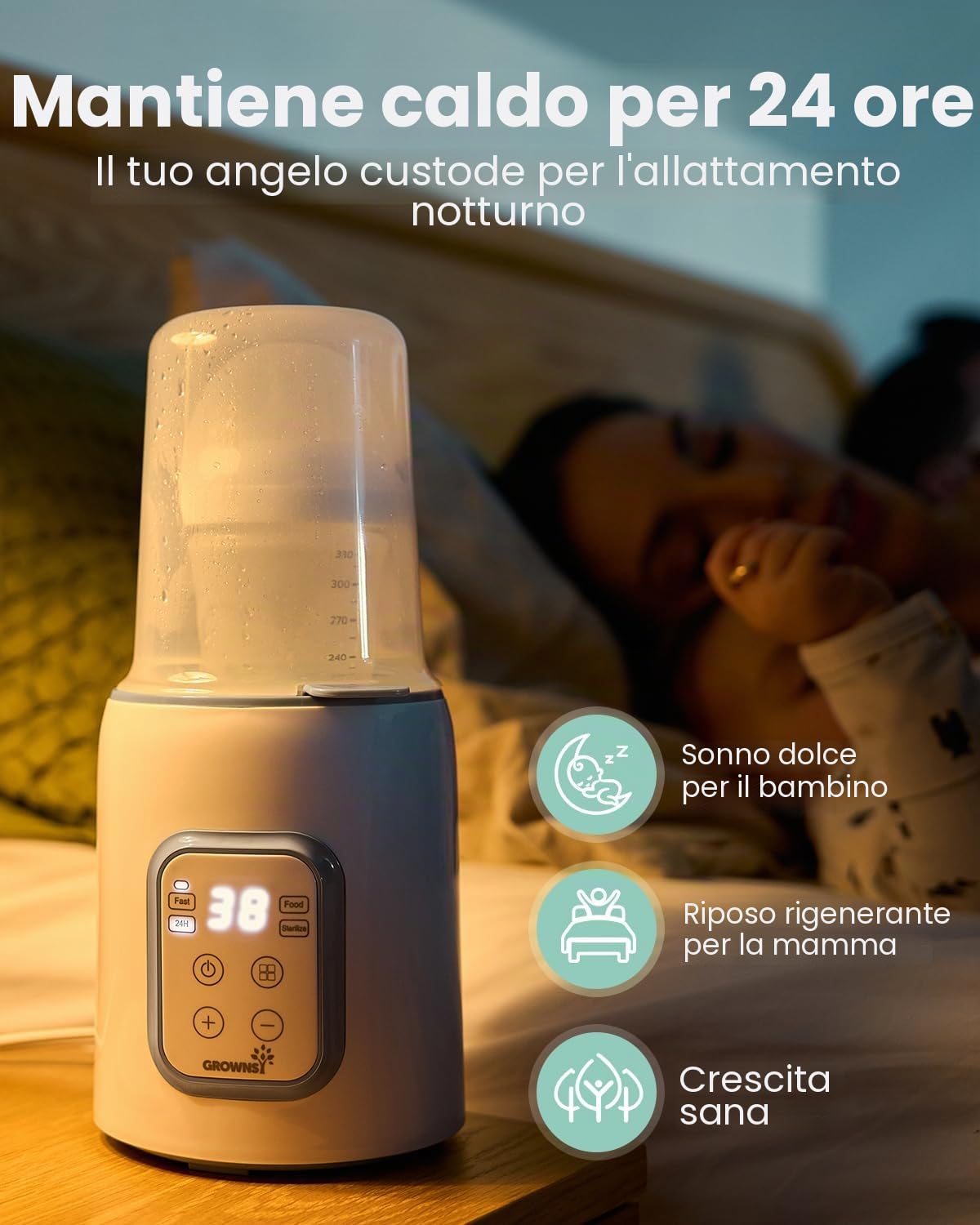 GROWNSY Scaldabiberon 10-in-1 Veloce con Timer per Latte Materno o Formula, Controllo Preciso della Temperatura, Funzioni di Scongelamento, Sterilizzazione, Mantenimento Caldo e Riscaldamento Pappe