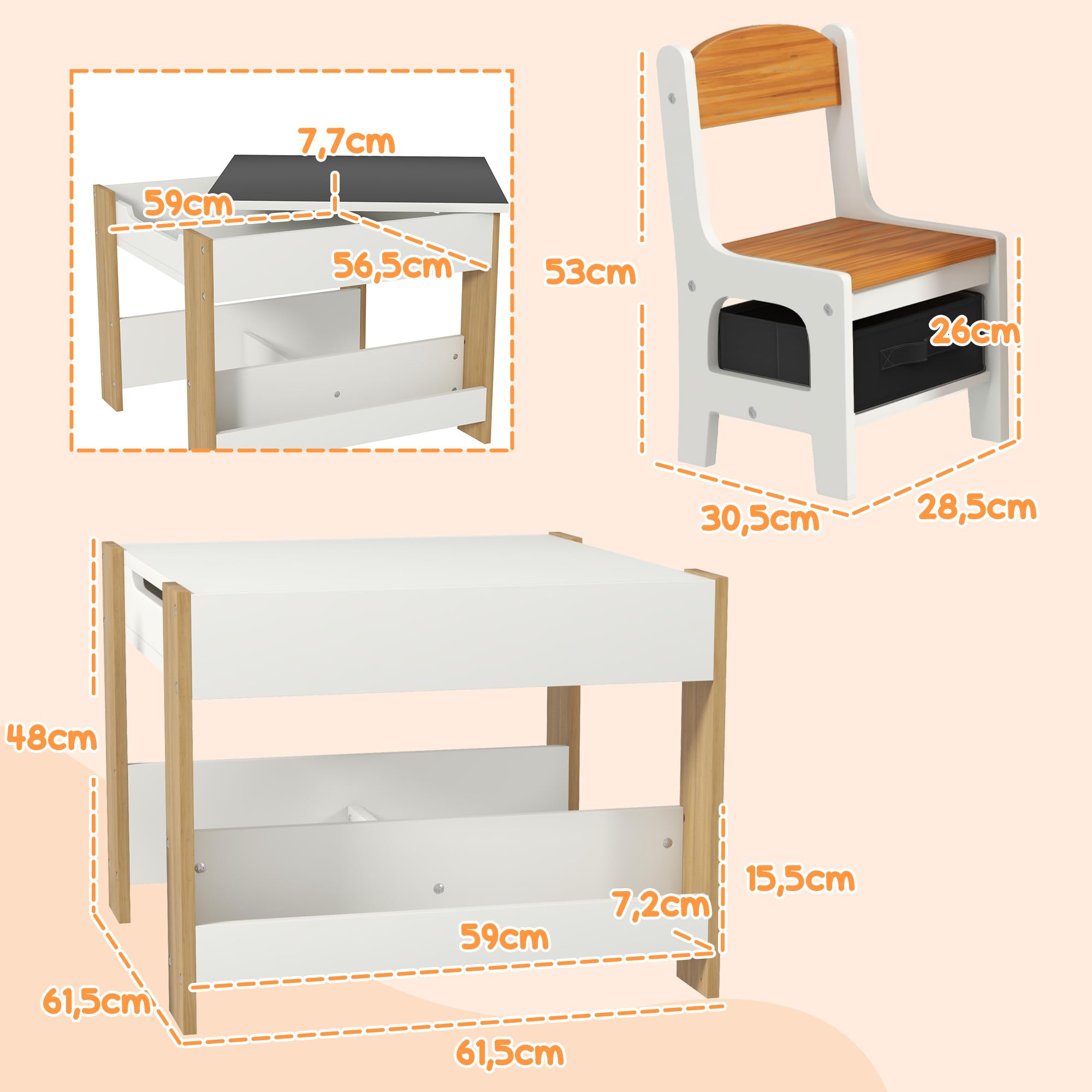 HOMCOM Juego de Mesa y 2 Sillas Infantiles Mesa con Sillas para Niños 3 en 1 con Pizarra Cajones de Tela y Espacio de Almacenamiento para Guardería Sala de Juegos Blanco y Natural