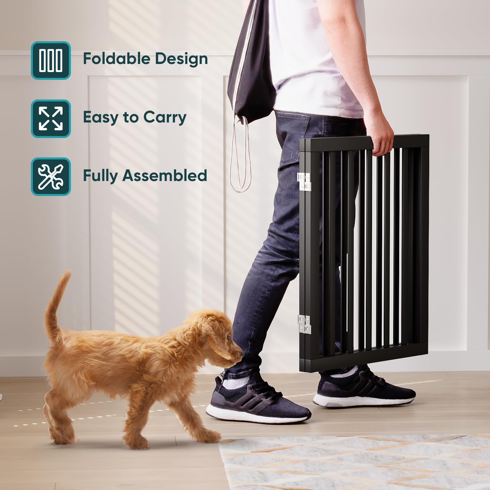 Semiocthome Freestanding Pet Gate with 2 Stands, Bamboo Dog Gates for Doorways, Foldable Indoor Puppy Gate Safety Fence for Stairs, 60cm Height-2 Panels Fully Assembled - Black - 5