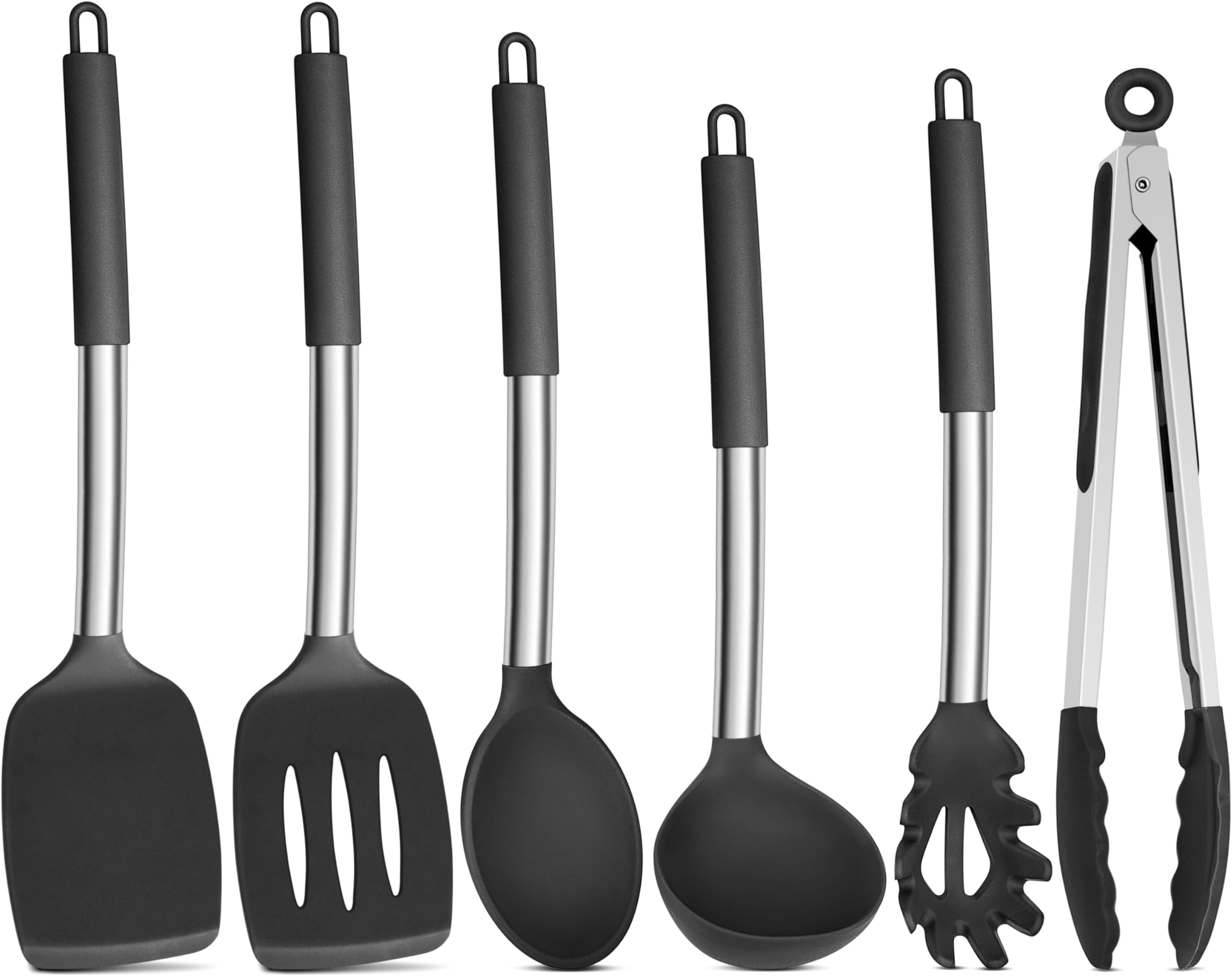 Onader Black Kitchen Utensils Set, 6 Pieces Silicone Cooking Utensils for Non-Stick Cookware, Heat Proof Kitchen Cooking Tools, Stainless Steel Handle & Dishwasher Safe