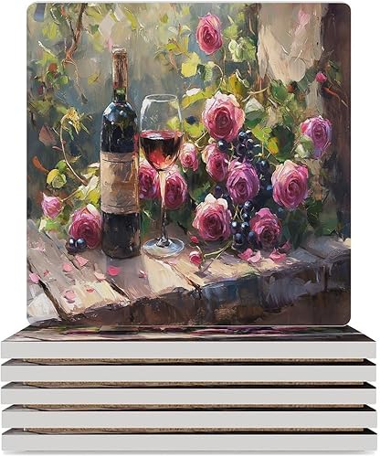 Miniatura 17 de Round-4 posavasos de cerámica para vino tinto, posavasos redondos absorbentes para bebidas, estilo vintage de madera, vino tinto, uvas, frutas y