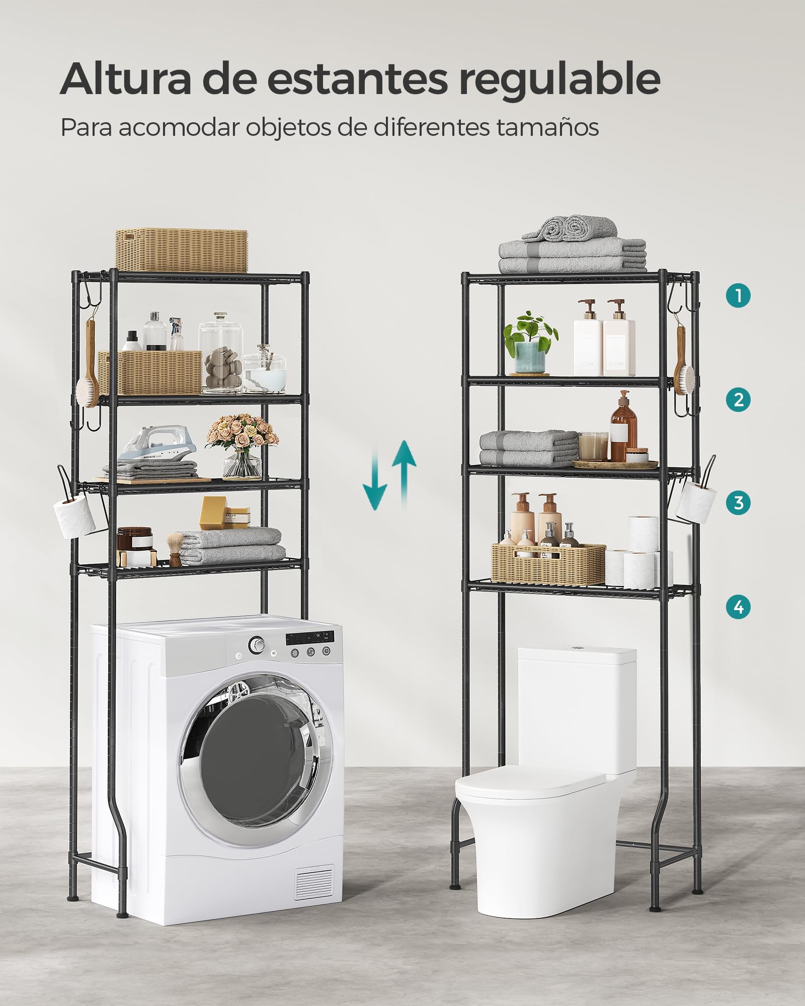 SONGMICS Estantería de Inodoro de 4 Estantes, Estante de Metal para el Baño, Estantes Ajustables, con 4 Ganchos y Portarrollos, Ahorra Espacio, 30 x 63 x 176 cm, Negro BTS013B01