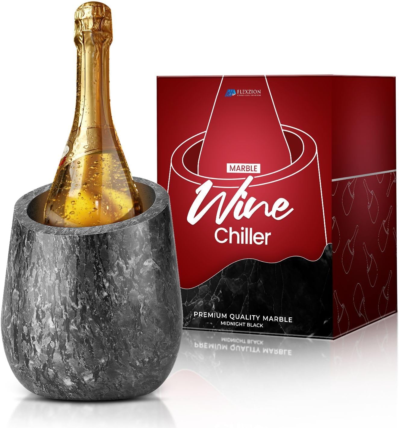 Flexzion Marble Wine Chiller Bucket for Bottles – Black Champagne Cooler & Multi-Purpose Marble Utensil Holder for Kitchen – Adaptable Stone Wine Bottle Chiller for Bar, Home Decor, Fits 750ml Bottles