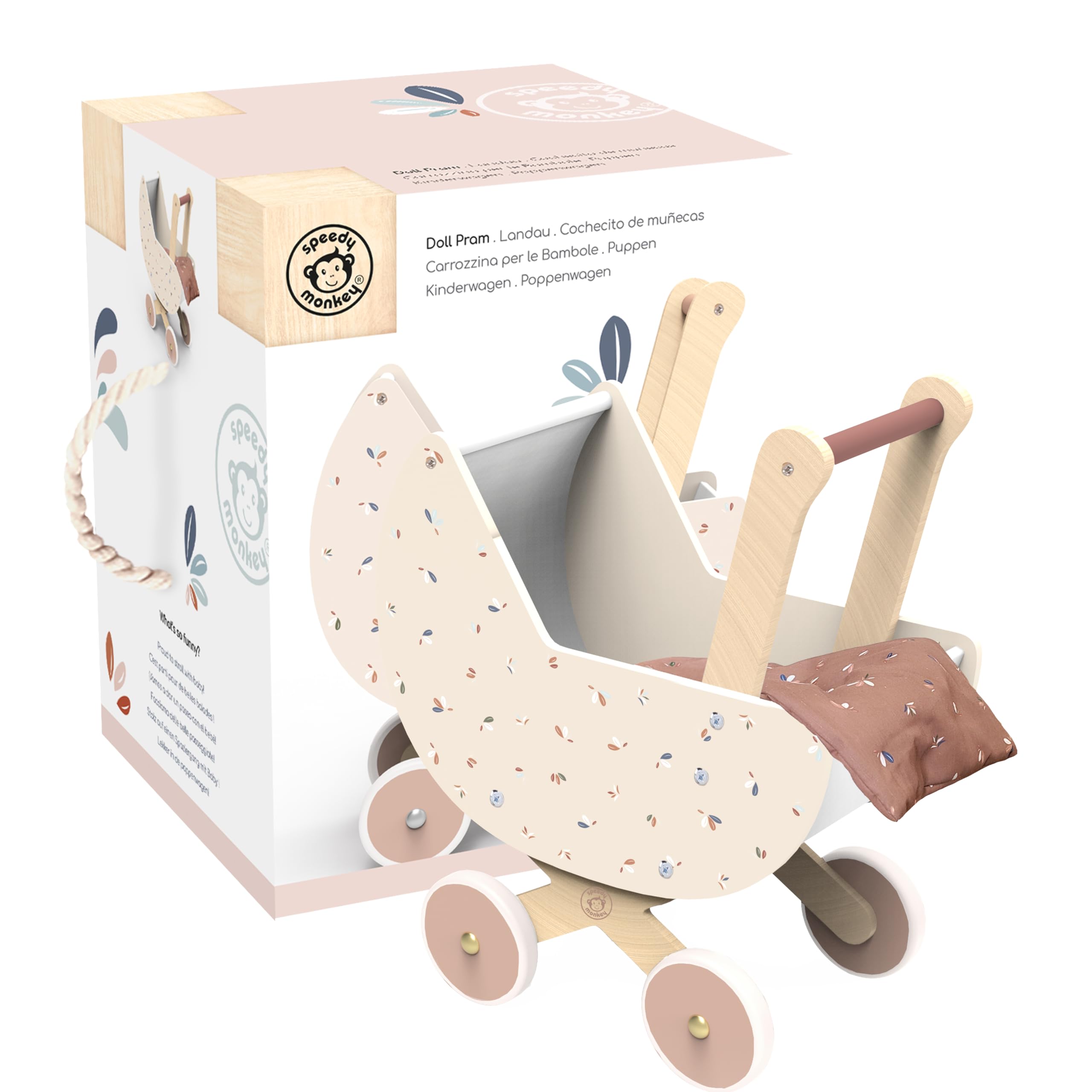 Speedy Monkey Wooden Dolls Pram - Beautifully Crafted, FSC Certified Wooden Baby Doll Accessories for Ages 2+ | Safe, Lightweight, Easy to Move & Clean, Non-Toxic Paint | Perfect Toys Gift