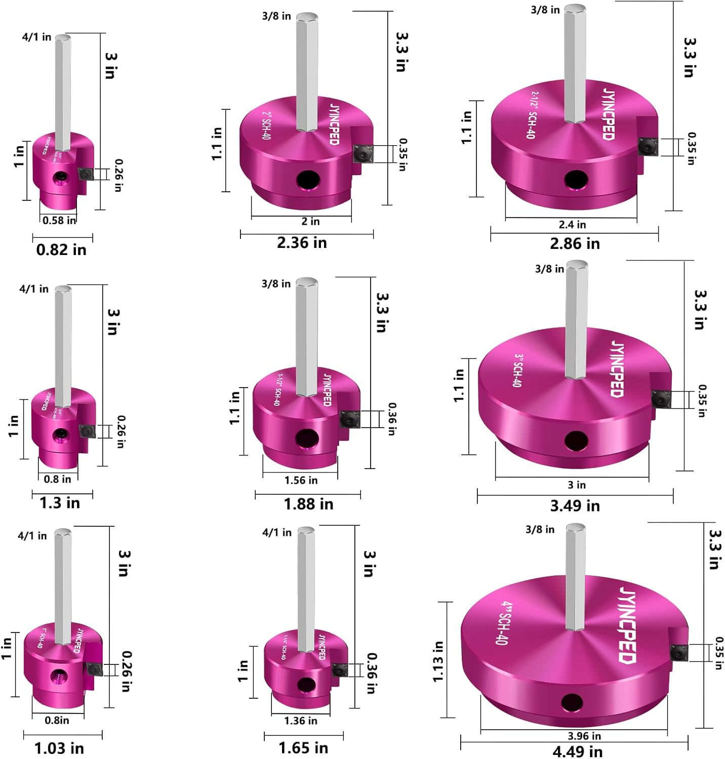 9 Pcs PVC Pipe Reamer Kit,PVC Fitting Saver Plastic Pipe Reamer Tool Kit,Hub Socket Saver Set for Plumbing,Includes 1/2" 3/4" 1" 1-1/2" 1-1/4" 2" 2-1/2" 3" 4" Reamers for Sch.40 CPVC ABS Fittings