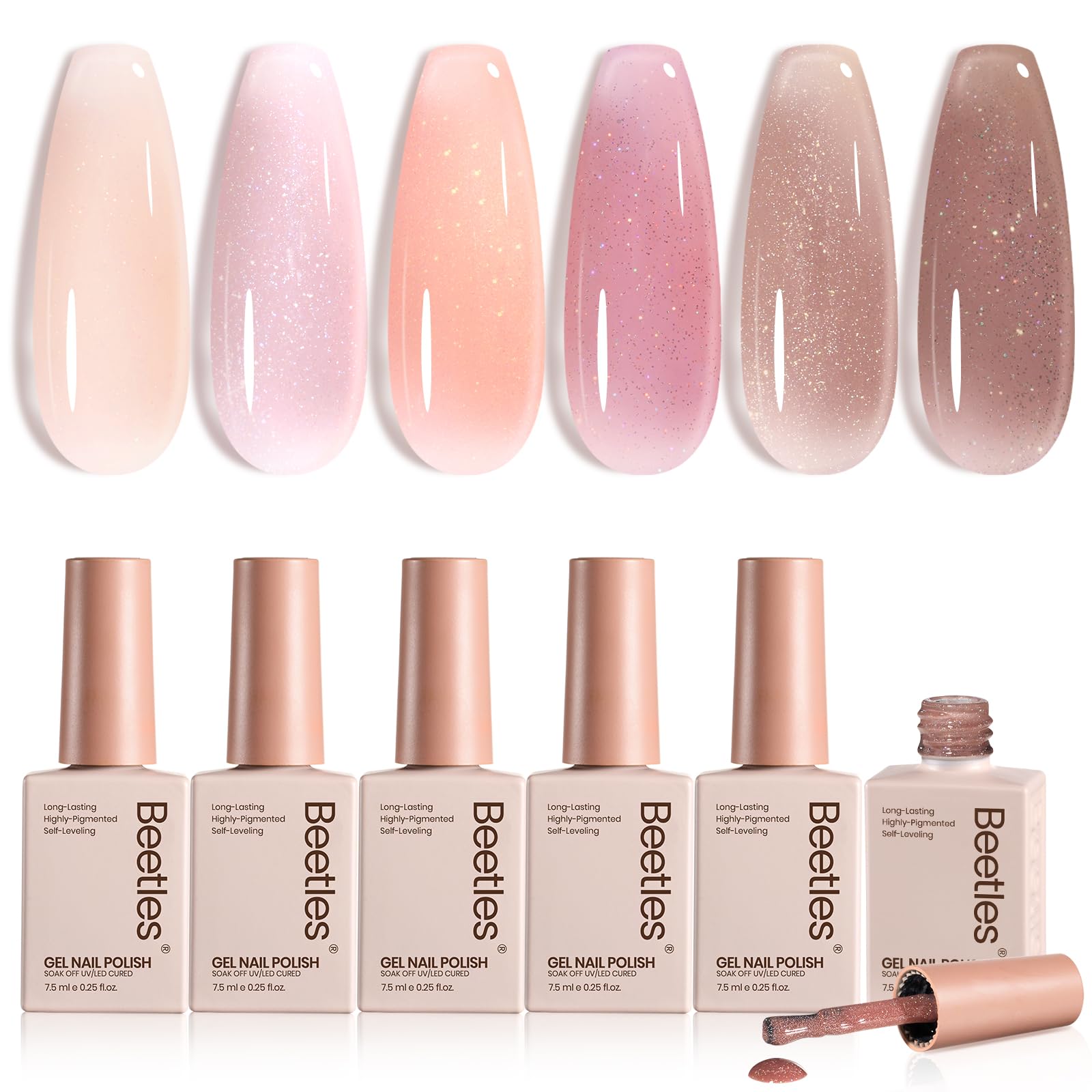 Beetles Jelly Gel Nail Polish Set - 6 Colors Nude Pink Brown Shimmer Giltter Fall Gel Polish Kit Sheer Transparent Effect Soak Off UV Lady with Dreams Collection Gift for Women