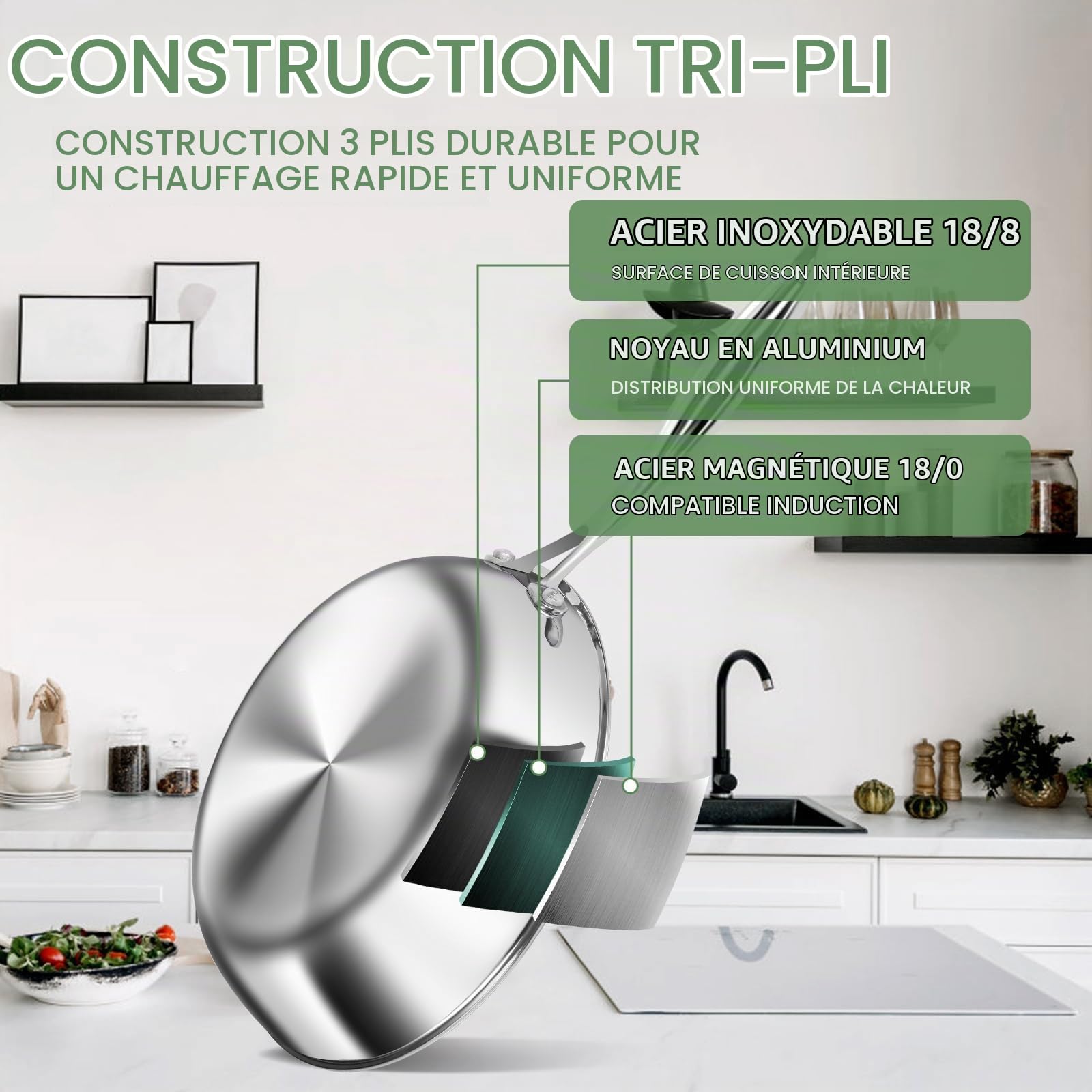 Ensemble de casseroles et poêles en acier inoxydable 3 plis – Batterie de cuisine 11 pièces avec couvercles en verre – Ensemble de casseroles et poêles à induction – Passe au four, sans PFOA, PTFE et