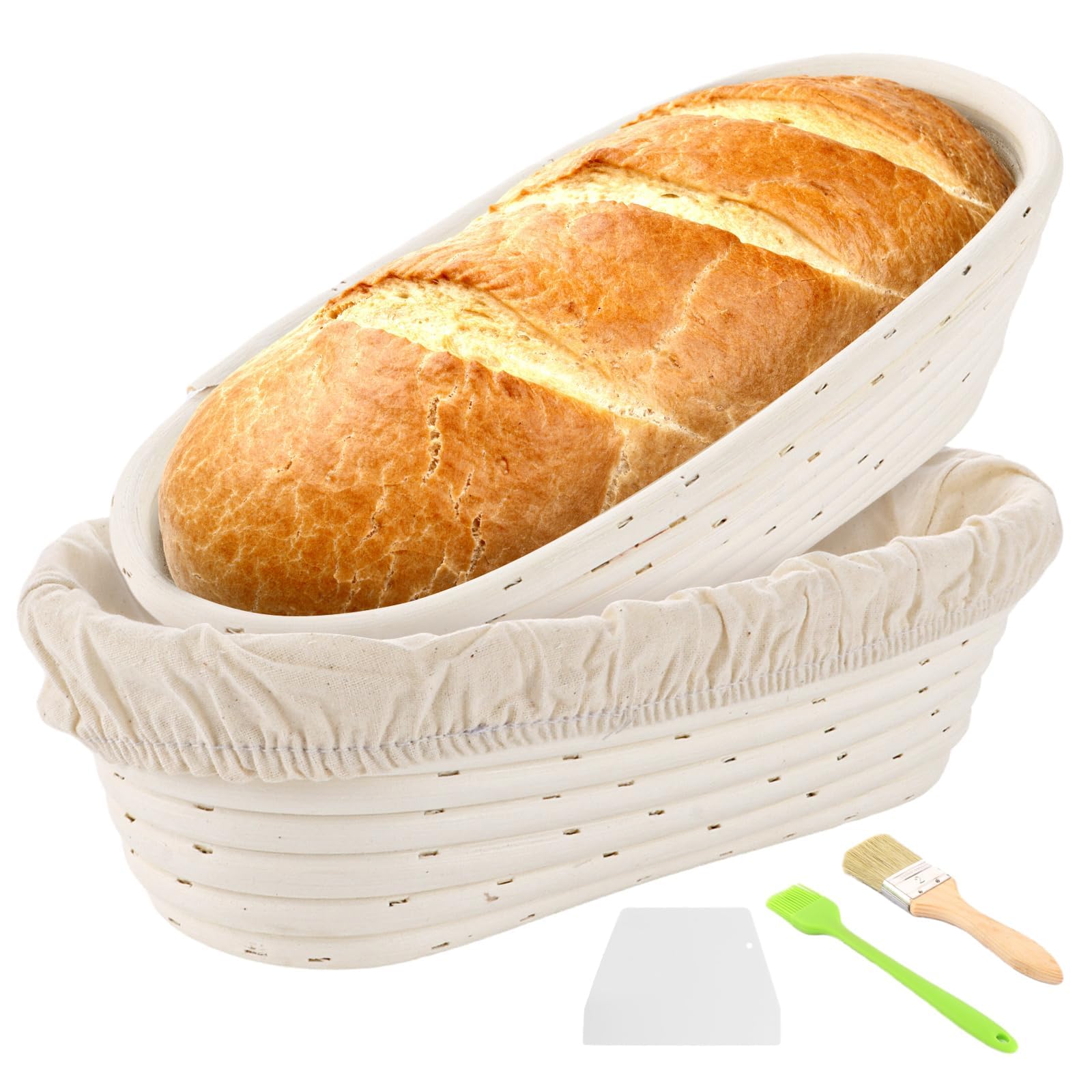 Lot de 2 paniers de fermentation ovales de 30 cm avec chiffon en lin et pinceau à huile en silicone, panier de fermentation pour la cuisson du pain et de la pâte à pain