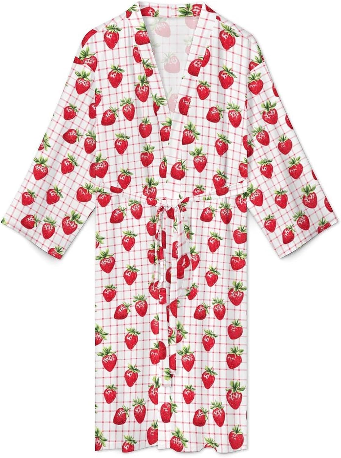 Gingham Pattern Strawberry Mens Robe Long Bathrobe for Women Bath Robes Lightweight Soft Printed Sleepwear
