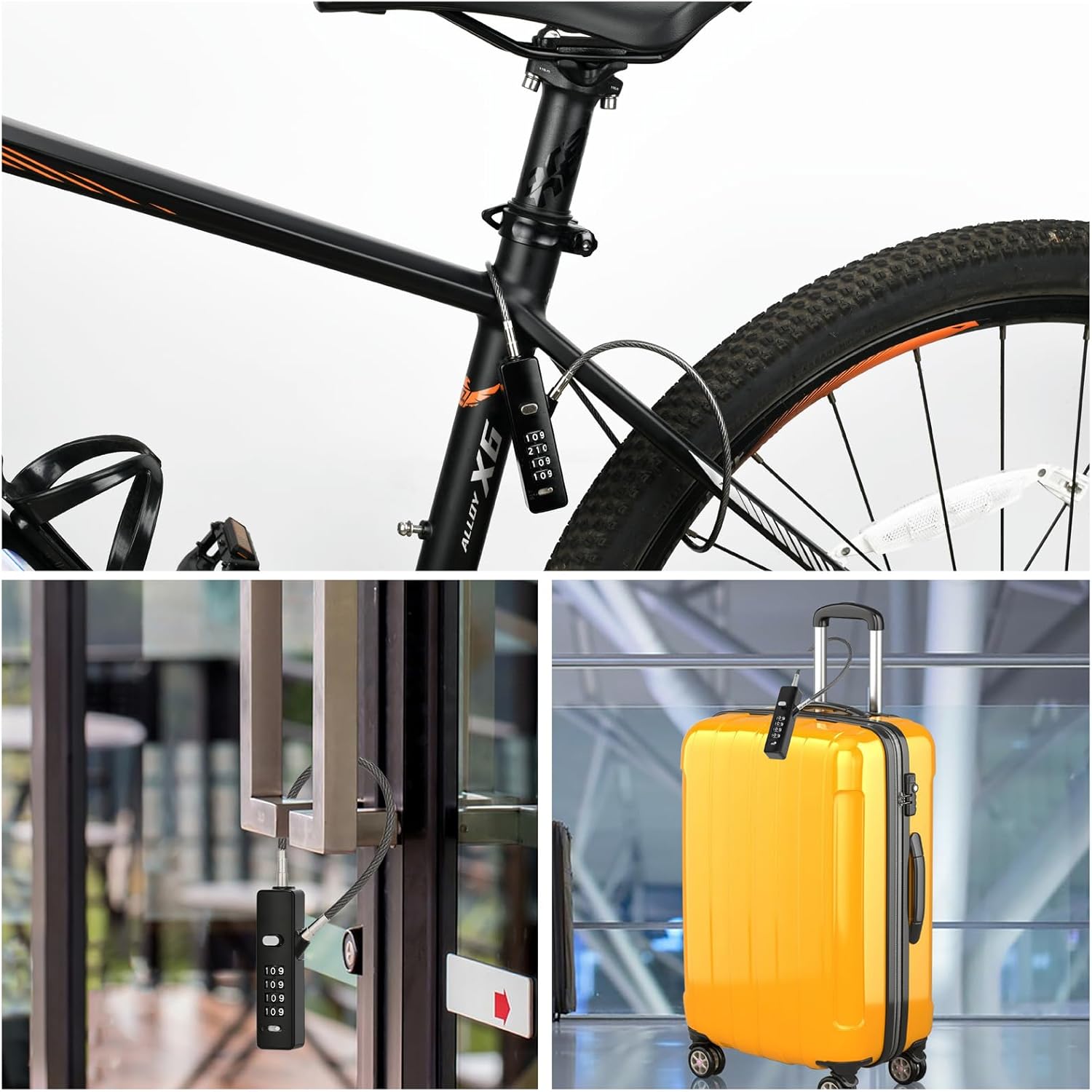 Combination Cable Lock with 3 Interchangeable Steel Braided Cables, Security Cable Lock for Small Bikes, File Cabinets, Luggage, Fence, Refrigerator Door (Black)