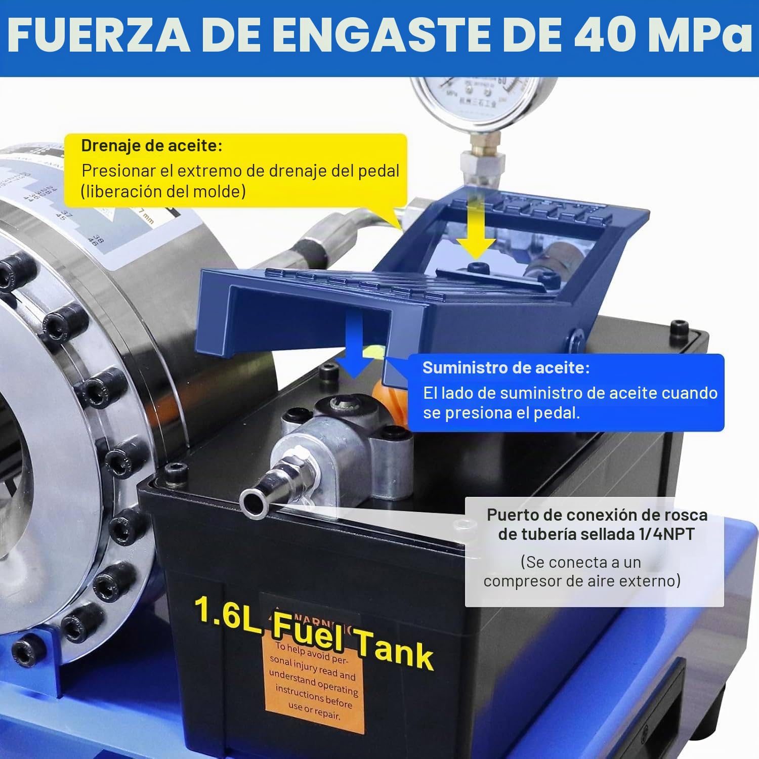 Engarzadora electrohidráulica Profesional para mangueras con Juego 8 Matrices: presión del sistem-a 40 MPa y Fuerza engarzado 95 toneladas para automoción, excavadoras y maquinaria agrícola