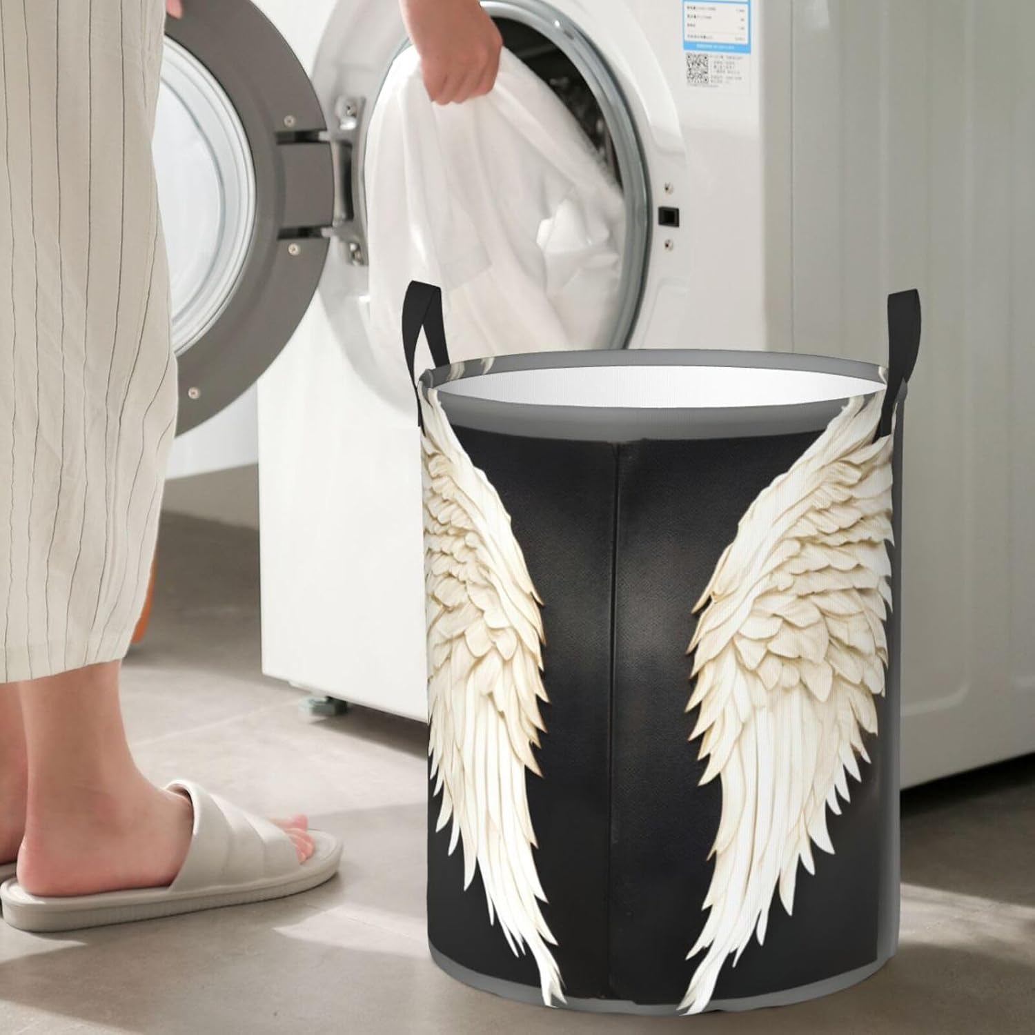 Angel Feathers Print Circular Protable Storage Bin,Basket For Laundry Hamper With Handles Bedroom Clothes