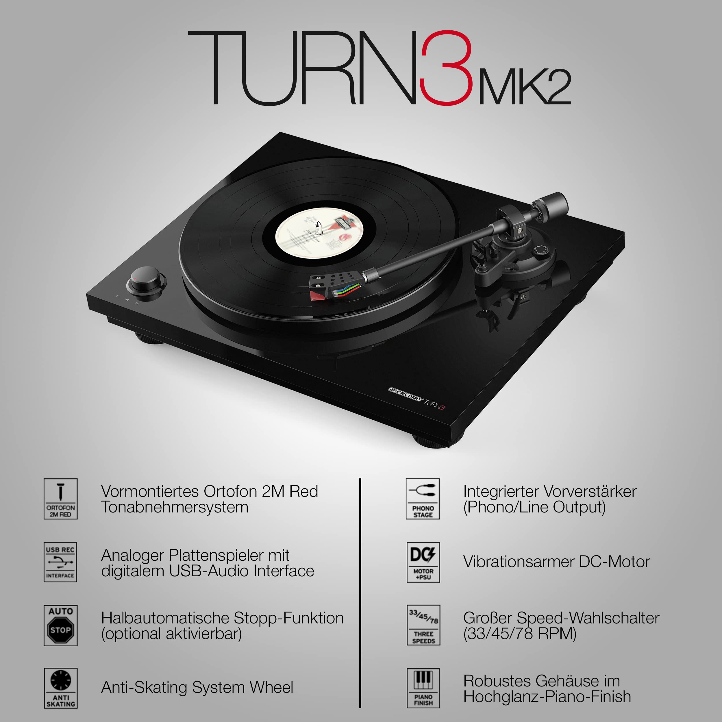 Reloop Turn 3 MK2 | Riemengetriebener HiFi-Plattenspieler mit USB-Aufnahmefunktion, Ortofon 2M Red Tonabnehmersystem, Integrierte Motorkontrolle (33/45/78 RPM), Anti-Skating, Schwarz