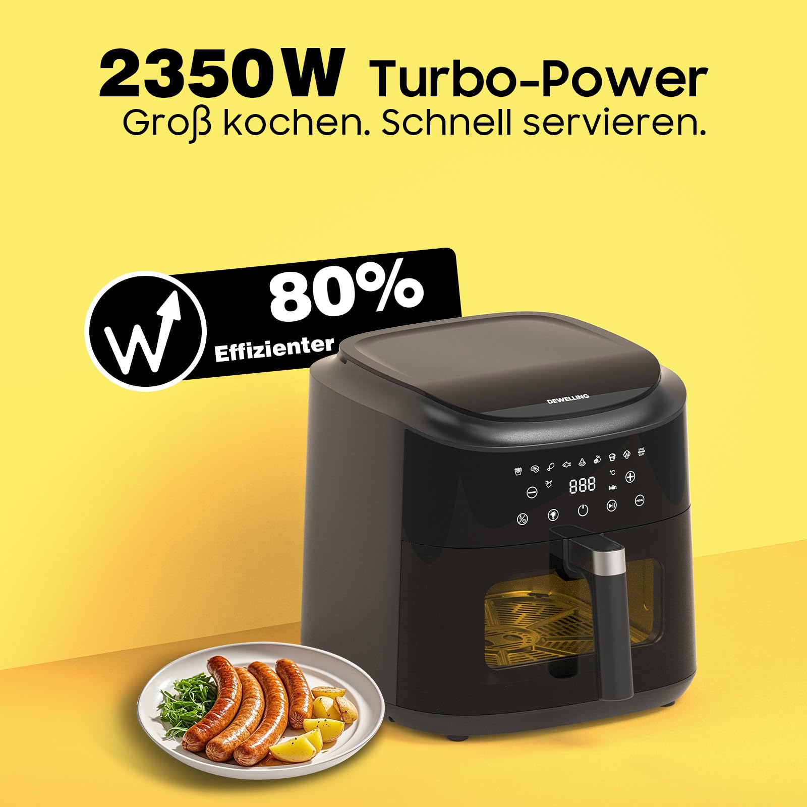 Air Fryer XXL 9 L - 2350 W Friteuse à air avec grande fenêtre, cuisson rapide, 9 programmes, écran tactile LED, alimentation secteur et intérieur en métal