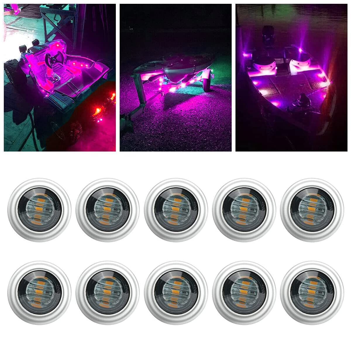FABOOD F 10 PCS 3/4" Smoked Round Clearance LED Front Rear Side Indicator Bullet Marker Light With Stailness Base for Truck RV Car Bus Trailer Van Caravan Boat (12V, Purple)