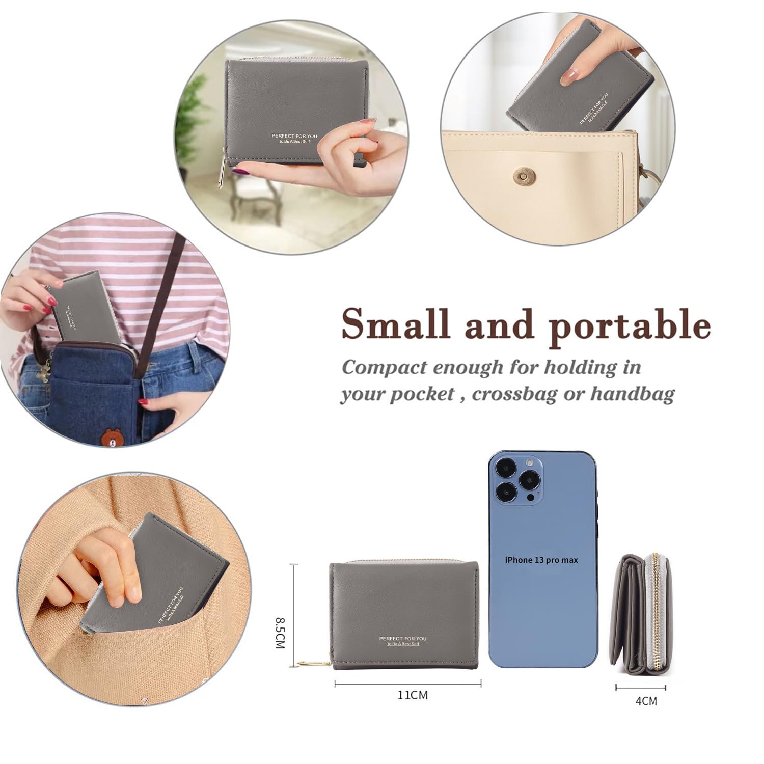 Portafoglio donna piccolo, Borsellino donna, Portafoglio donna con grande capacità, Portamonete donna elegante e dolce con grande tasca per monete Grigio scuro