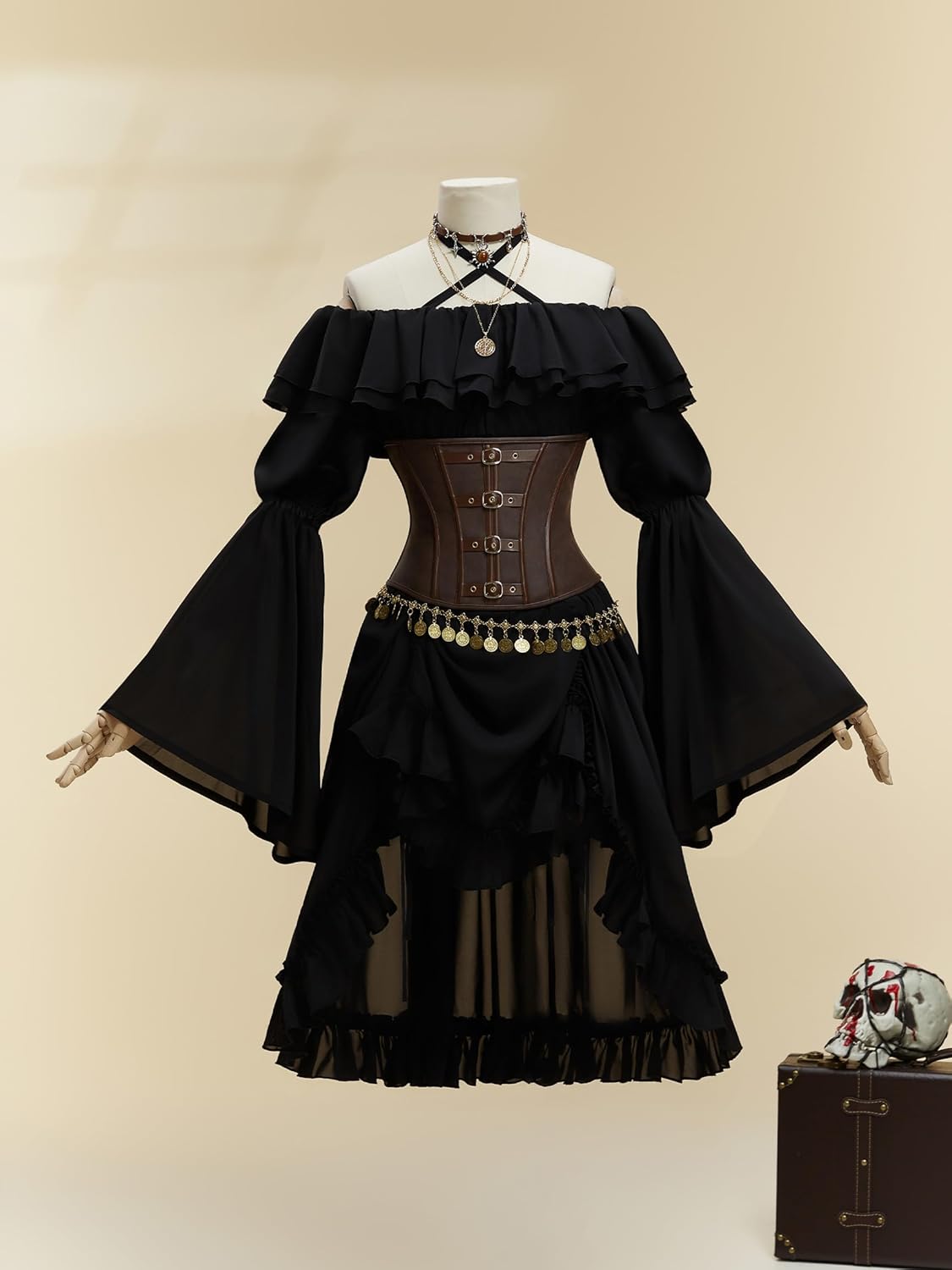 MEOWCOS Women's Halloween Costume Black Pirate Style Suit Strapless Dress with Corset and Hat Medieval Dress - Image 2