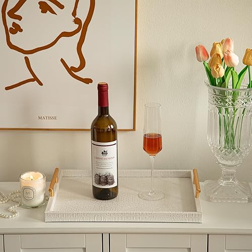 Miniatura 7 de Moderno y elegante bandeja grande de madera, juego de 2 de cuero de cocodrilo blanco perla con asas de metal pulido dorado, bandeja decorativa