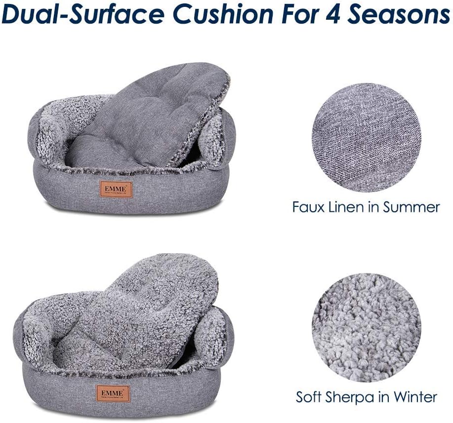 EMME Small Dog Bed & Cat Bed 22 inch Round Pet Beds for Indoor Puppies and Kittens Dual-Surface Removable & Washable Cushion for All Season Ultra Soft Pet Supplies (Grey, Small)