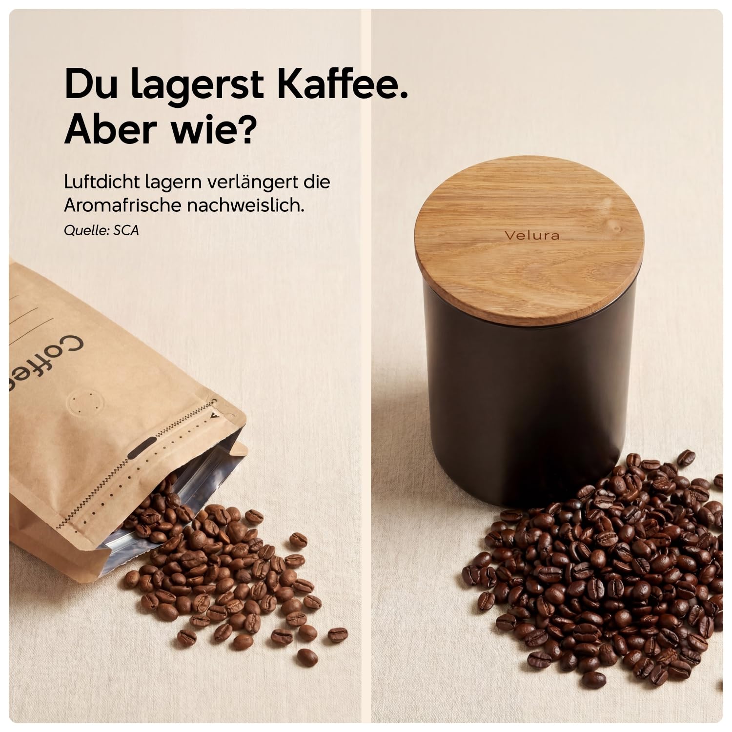 Velura Kaffeedose luftdicht 1kg – Edelstahl mit Holzdeckel, matt schwarz | 3000ml für Kaffeebohnen | Plastikfrei | LFGB-zertifiziert | Entwickelt in Österreich | Maße: 15cm Ø × 20,8cm H