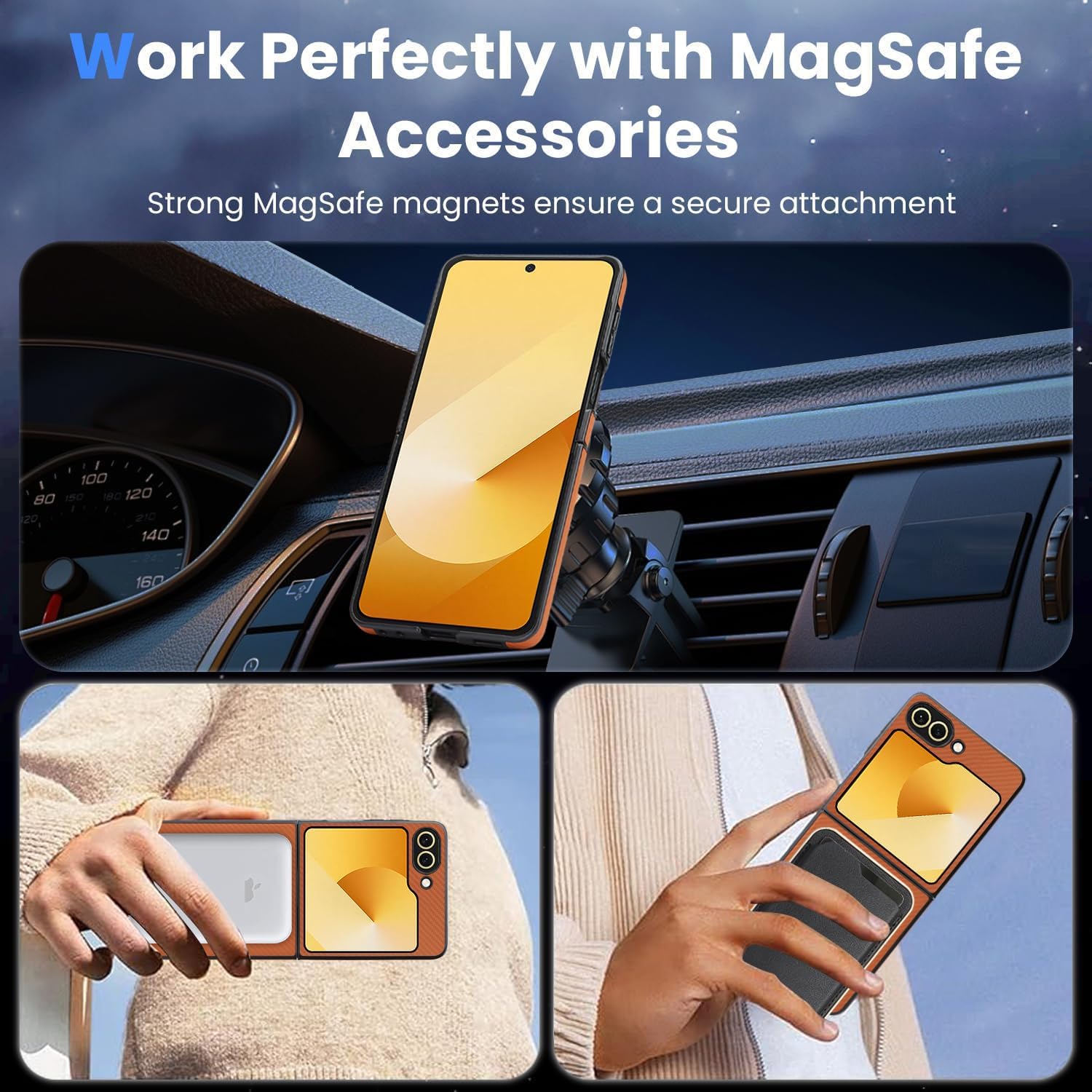 Asuwish Phone Case for Samsung Galaxy Z Flip 6/Z Flip 7 FE 5G Magnetic Carbon Fiber Cell Cover，Compatible with MagSafe Shockproof Protection Hard Holder Z6 G Flip6 ZFlip Flip7 Women Men Brown image 2