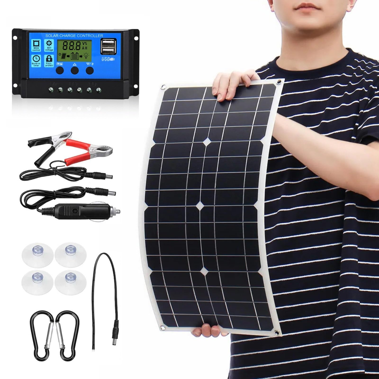 Kit De Panel Solar De 50W, 2 Módulos Solares Monocristalinos Flexibles De 25W (5/12/18V), Módulo Fotovoltaico Con Controlador De Carga De 30A, Para El Hogar Y Camping.