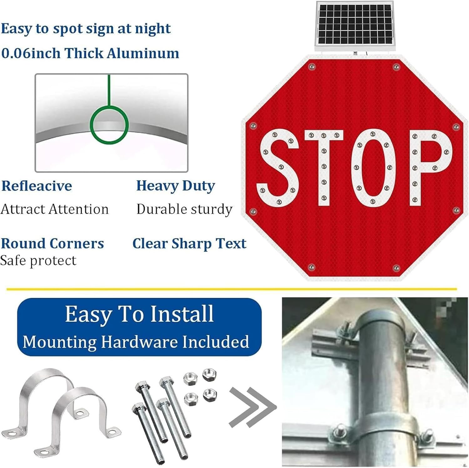 Solar Powered LED Flashing Stop Sign for Crosswalk Safety - Illuminated Traffic Road Sign for Construction & Street Use, Enhance Visibility & Safety