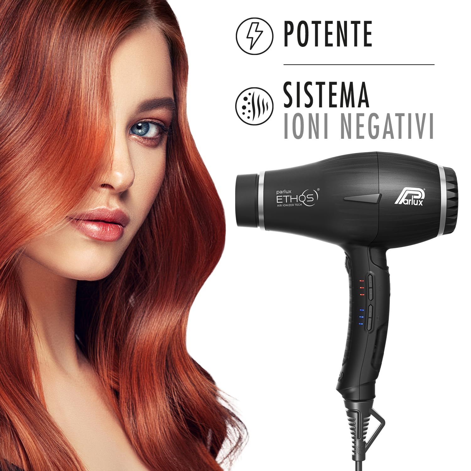 Parlux Ethos® Asciugacapelli Digitale Professionale con Ioni negativi, 9 combinazioni di Velocità e Temperatura, Cavo girevole brevettato, Potente e Leggero, Made in Italy, Colore Nero
