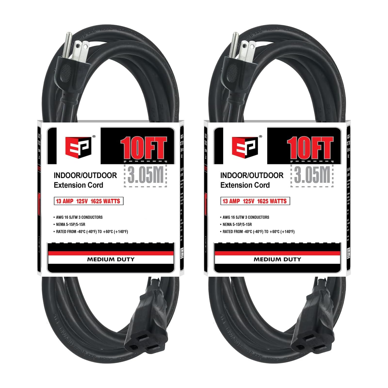 EP 10 FT Outdoor Extension Cord, 16/3 SJTW Heavy Duty Black 2PK, ETL Listed