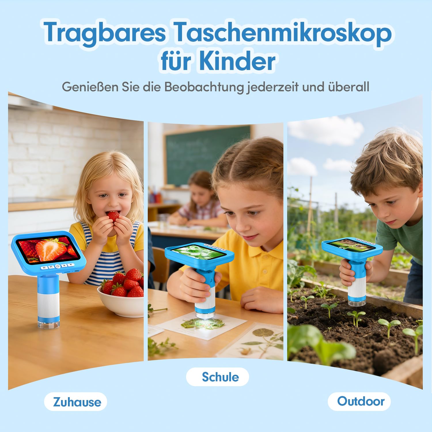 FINIBO Cyfrowy mikroskop dla dzieci, powiększenie 1000x, duży ekran 4,3 cala, mikroskop dziecięcy do nauki i eksploracji, z funkcją nagrywania zdjęć i filmów przez USB