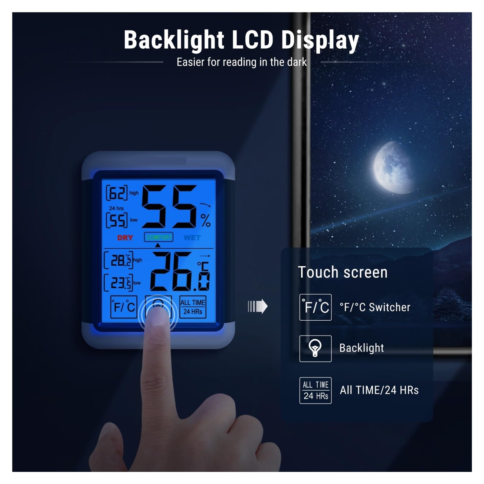 Thermomètre Numérique Intérieur Hygromètre Écran Tactile Rétro-éclairage Capteur De Température D'humidité Station Météo For La Maison Précis Rapide Surveillance Temps Réel