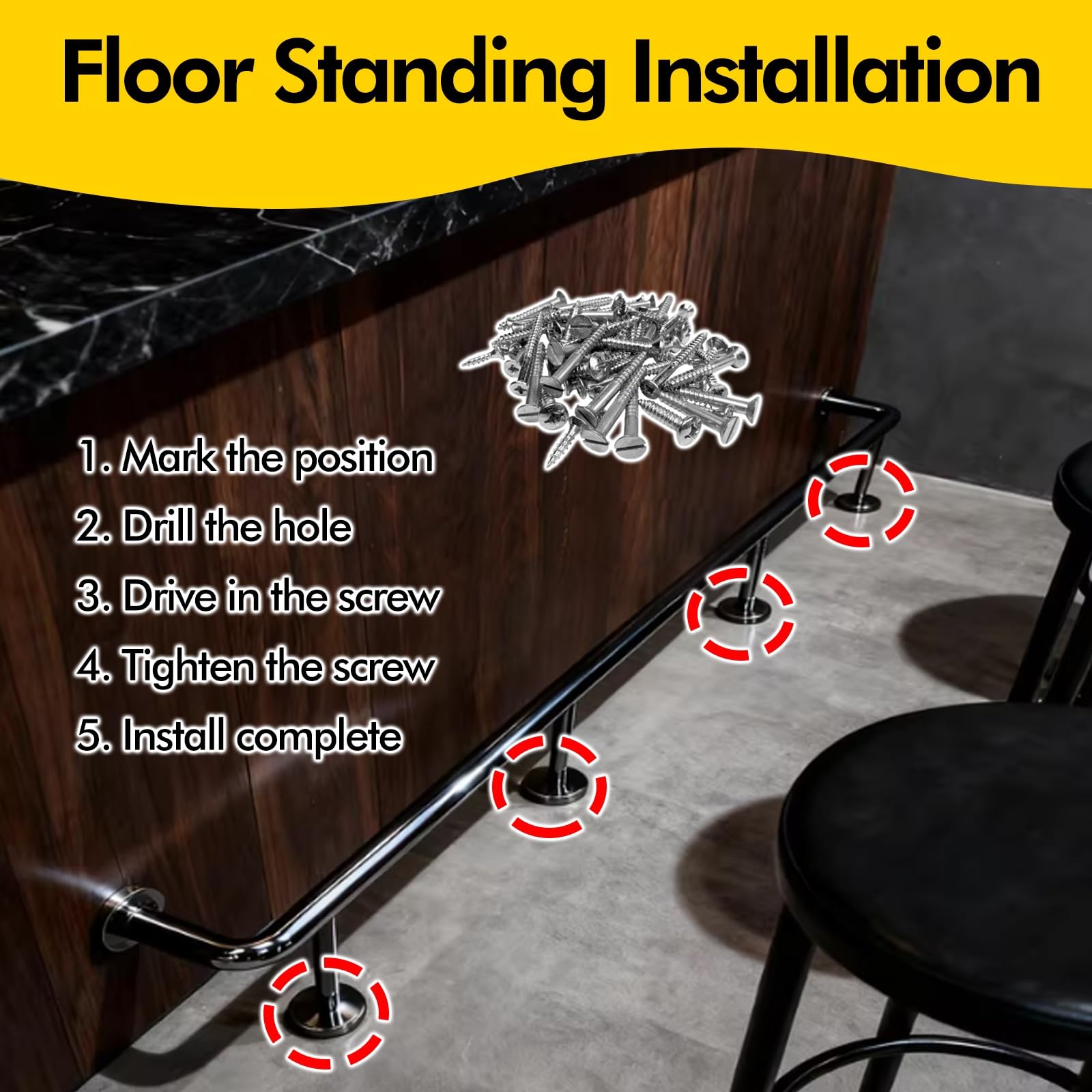 Kit de repose-pieds réglable pour tabouret de bar - Système de main courante complet avec supports et tube pour la maison, le garage, le café et la véranda - Améliore le confort et la sécuri