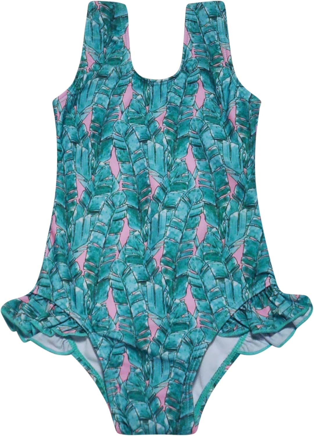 Flap Happy Baby/Toddler One Piece Swimsuit | Girls' Delaney Hip Ruffle Swimsuit | UPF 50+ Highest Certified UV Sun Protection, Tropical Fronds, 6