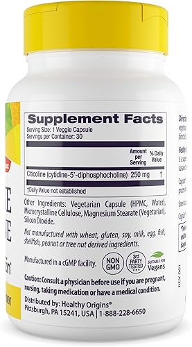 Miniatura 10 de Healthy Origins Citicoline CDP Colina 250 mg (Cognizin, sin OMG, sin gluten, apoyo cognitivo), 60 cápsulas vegetales