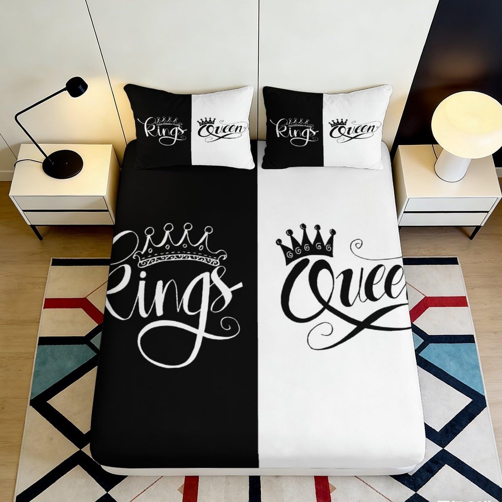 3D Printed King Queen Crown Fitted Sheet Microfiber Black White Bed Cover for Bedroom Guest Room Mattress Protection Decor 140x200x25cm