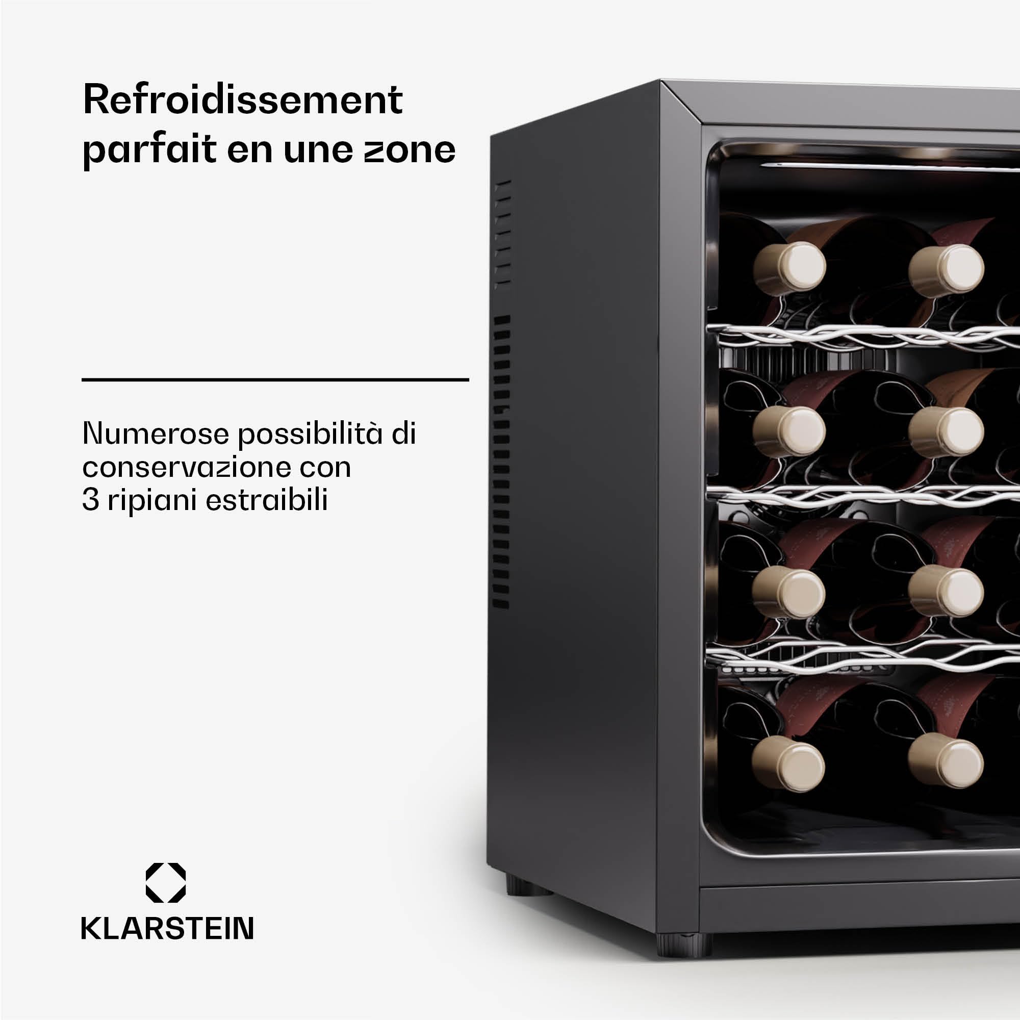 KLARSTEIN Nevera para vino independiente 1 zona, Nevera para bebidas pequeña, Nevera para vino pequeña, con puerta de cristal, Nevera para botellas interior/exterior, 12 botellas
