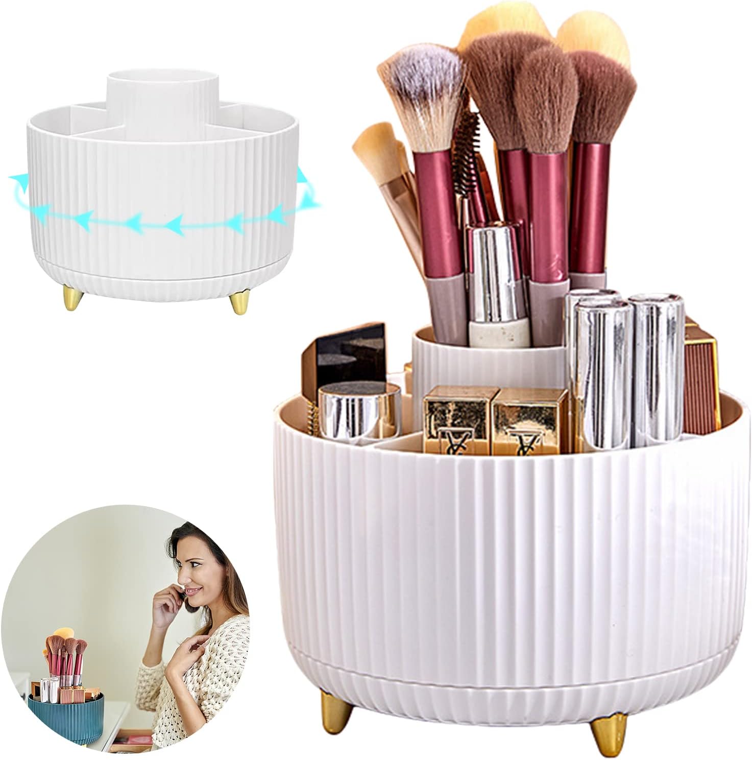 KEGAJEGA Make-Up Pinselhalter 360° Drehbar - Mit 3 Fächern Und Deckel Schwarz