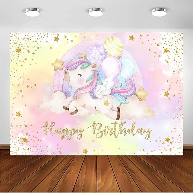 Avezano Rainbow Unicorn Backdrop For Girl Birthday Party Glitter Stars Dots Unicorn Photography Background Decorations Girl Unicorn Happy Birthday Party Cake Table Banner (7x5ft)