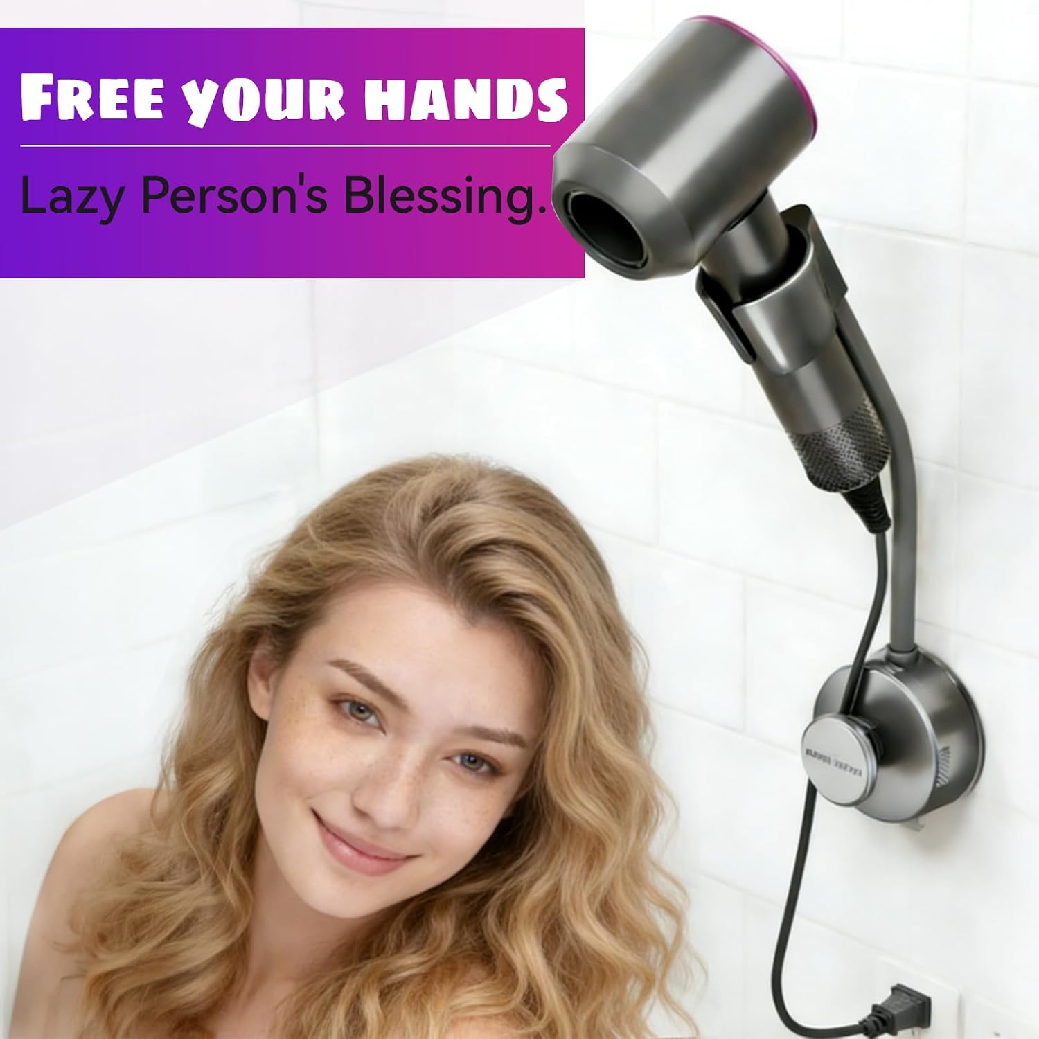 Hands-Free Hair Dryer Wall Mount Holder, 360° Adjustable Hose Swivel Arm with Super Strong Suction Cup, Lazy Man Hair Dryer Stand, Hair Dryer Organizer for Mirror and Tile Wall (Grey, 1-Pack)