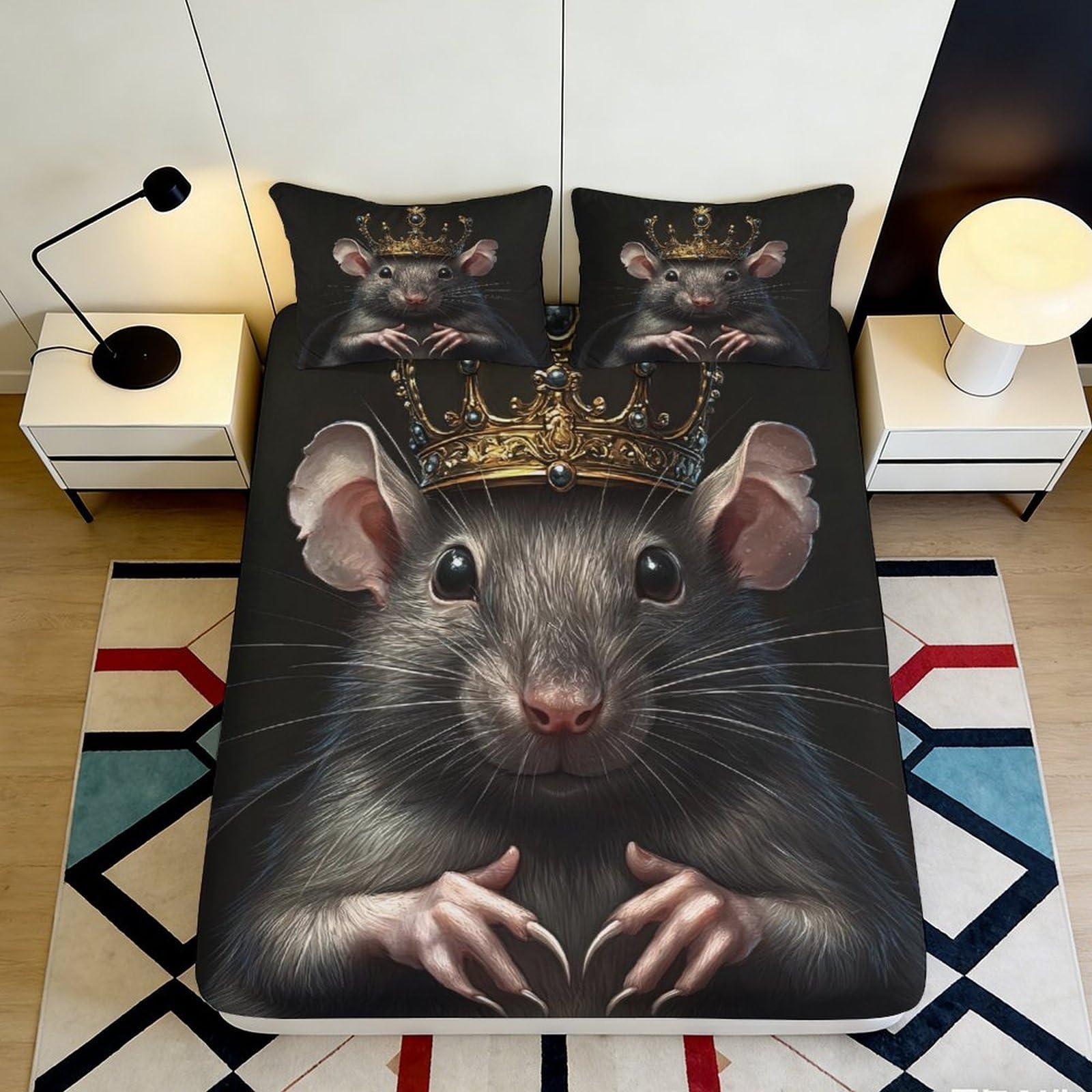 Jqzkxnhpbr Style-6 3D Printed Crowned Rat Fitted Sheet Microfiber Soft Black Artistic Mouse Bed Cover For Bedroom Guestroom Decor Mattress Protection 90X200x25cm