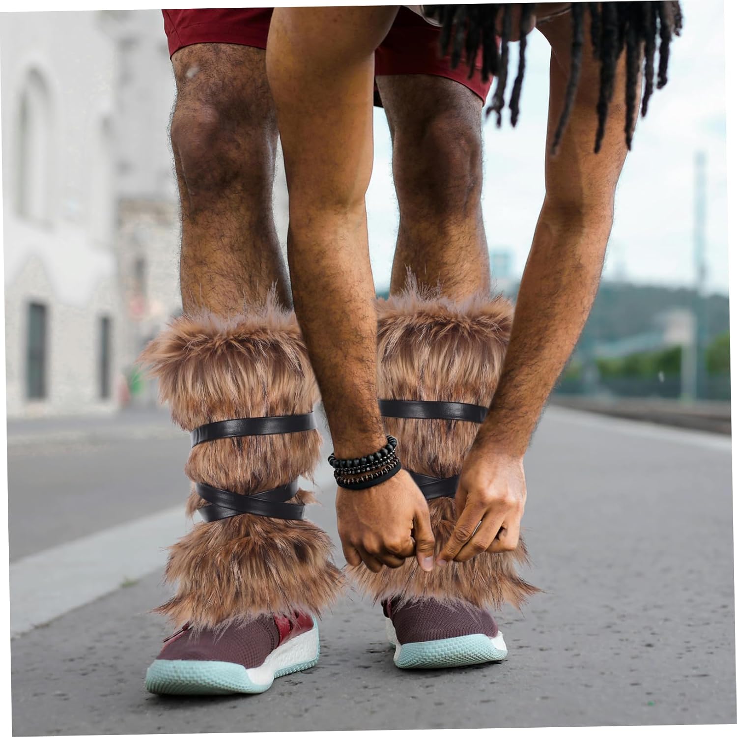 2 Pairs Viking Faux Fur Leg Wraps Adjustable Furry Costume Accessories for Halloween Cosplay Medieval Style for Men and Women Unique Retro Fashion Statement